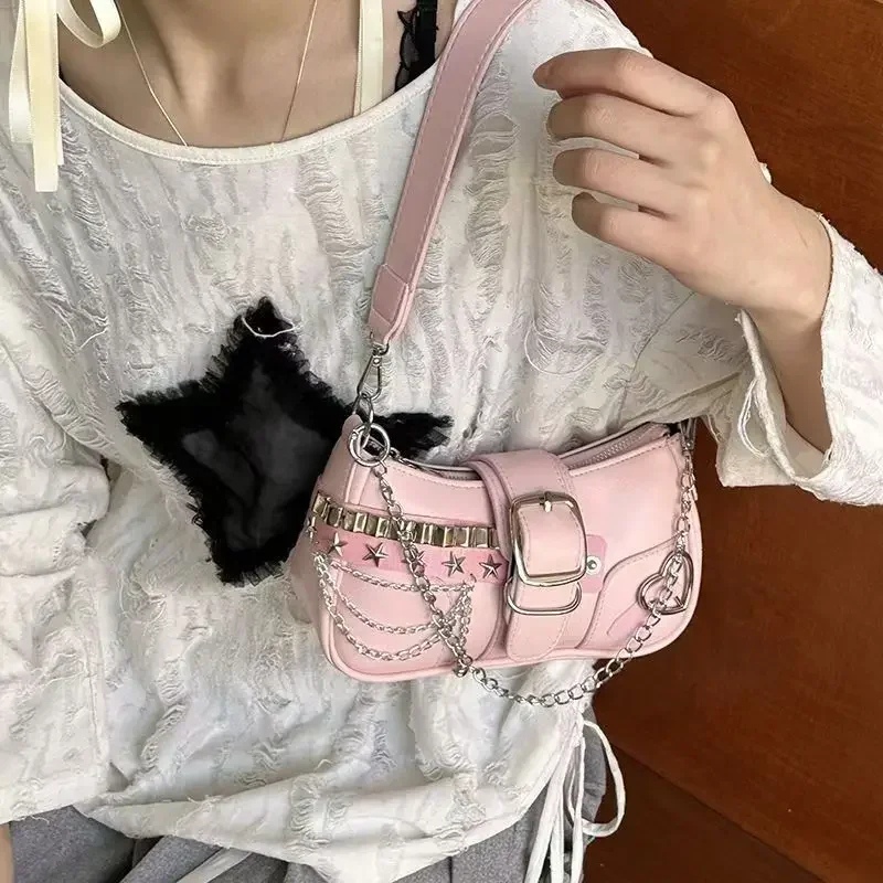 Luxury Y2K Bags - 高級 Y2K PU レザーガールショルダーバッグヴィンテージチェーンレディース脇の下バッグファッションデザイナー女性通勤ハンドバッグボルソ Mujer