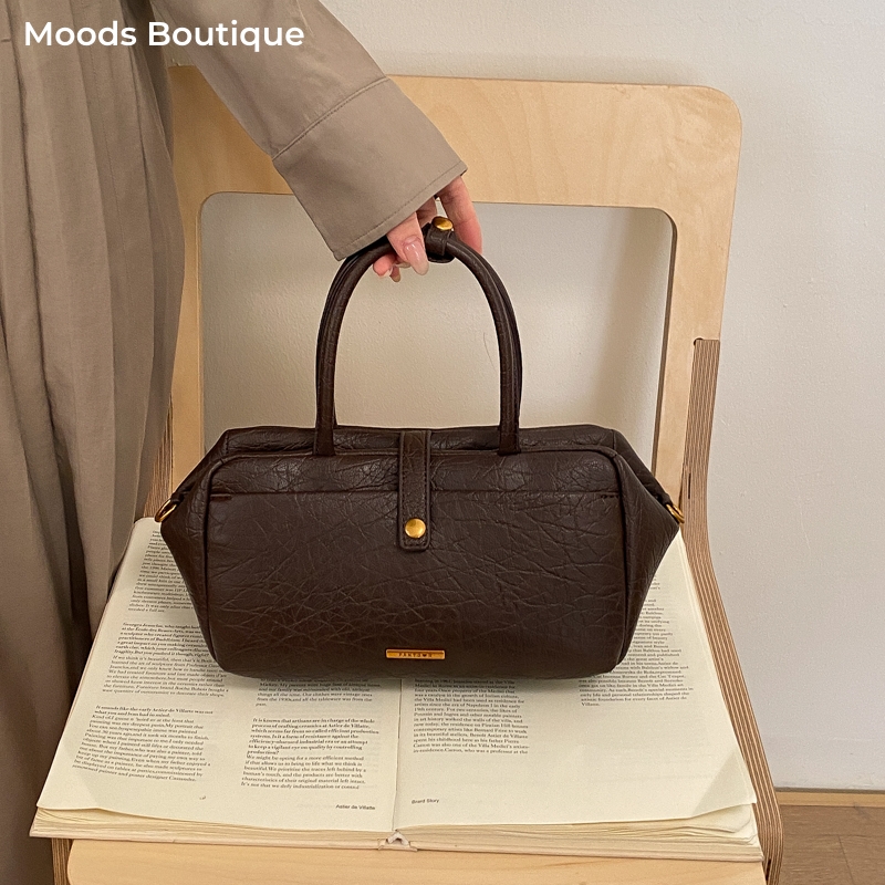 Luxury Bags Vegan Leather - MOODS ヴィンテージトップハンドルバッグ女性用ビーガンレザーソリッドカラーミニボストンハンドバッグ 2026 最新高級ショルダークロスボディバッグ