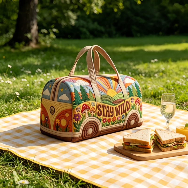 Weekender Bag Duffle - 1個入り「STAY WILD」ヒッピートラベルバッグ、3Dキルティングボヘミアンダッフルバッグ、ヴィンテージバンプリントウィークエンダーバッグ（ジム旅行用）