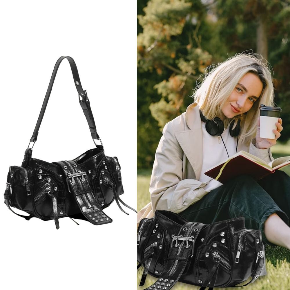 Luxury Y2K Bags - ラグジュアリーリベットショルダーバッグ、無地PUアンダーアームバッグ、Y2Kホッティーベルトバッグ（女性用）