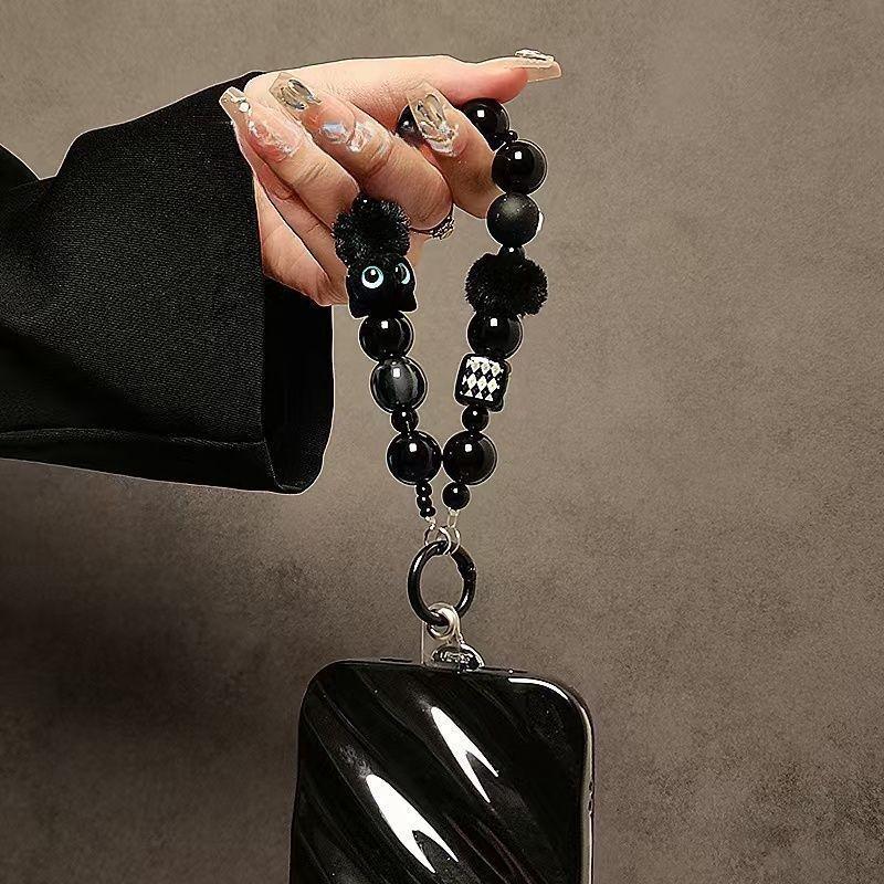豪華な黒いふわふわ猫モバイルフォンストラップ、ビーズハンドル - Luxury Bags Cute のレビューと価格