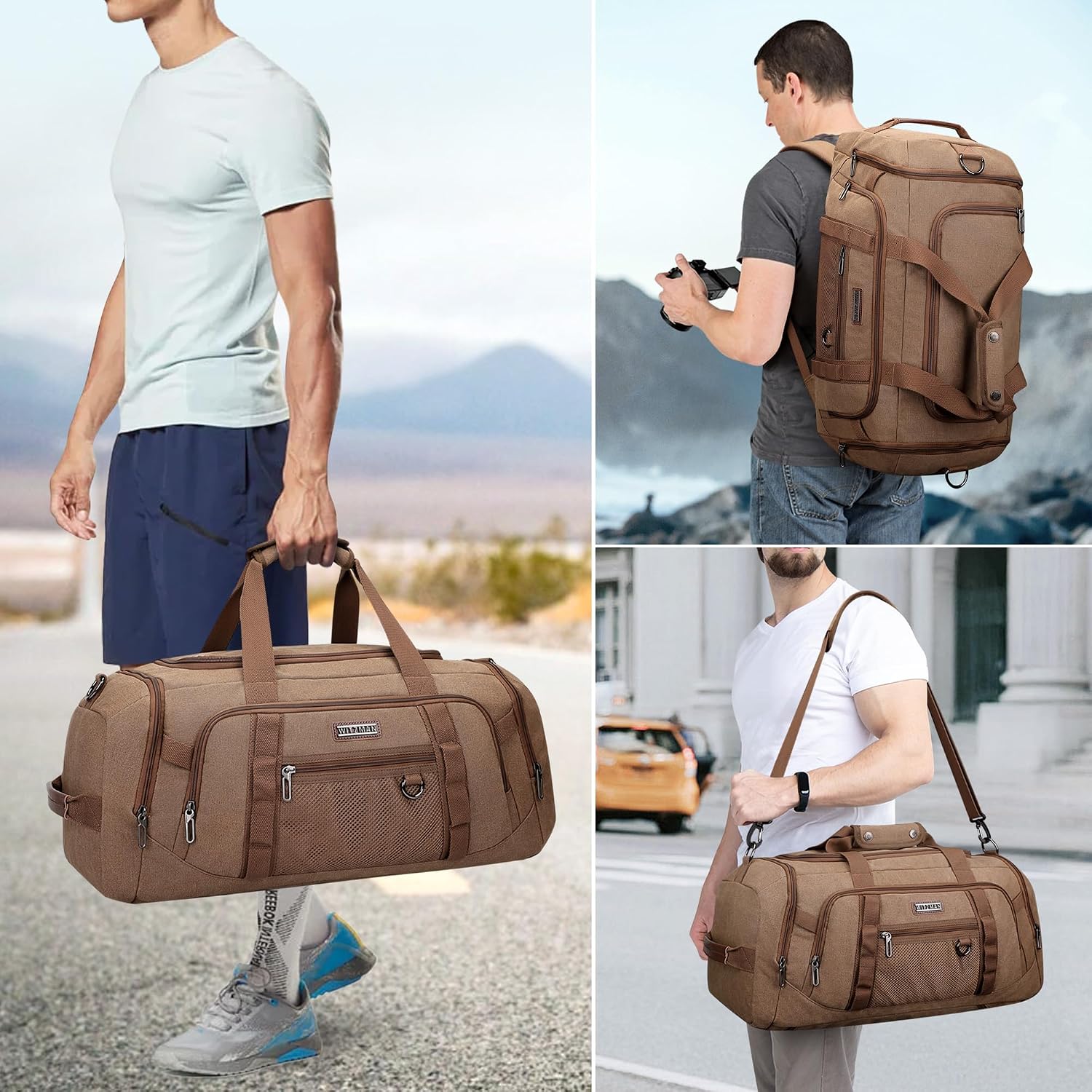 メンズキャンバスダッフルバッグ 3 in 1 変形バックパッ - Weekender Bag Duffle のレビューと価格