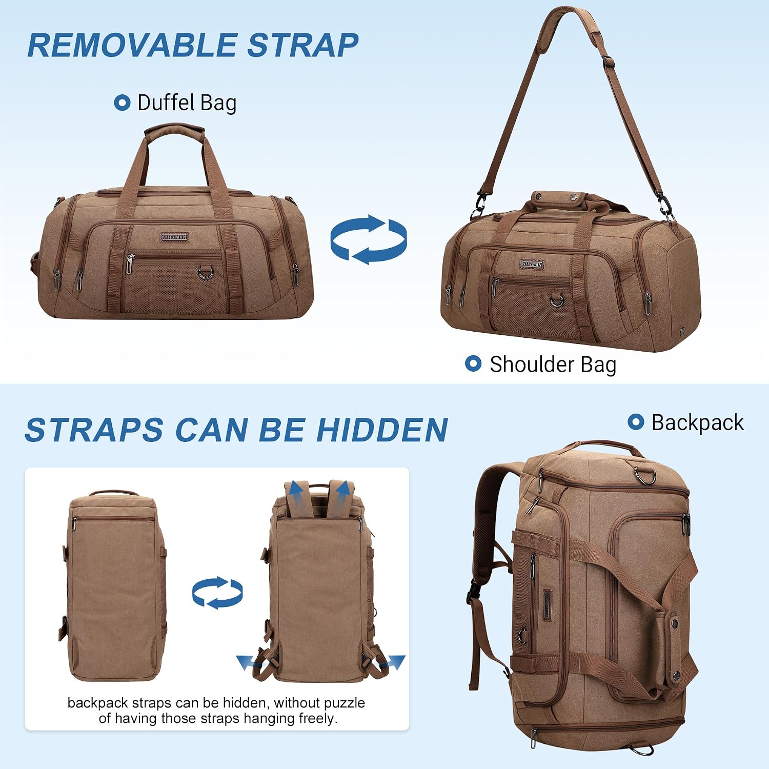 メンズキャンバスダッフルバッグ 3 in 1 変形バックパッ - Weekender Bag Duffle のレビューと価格