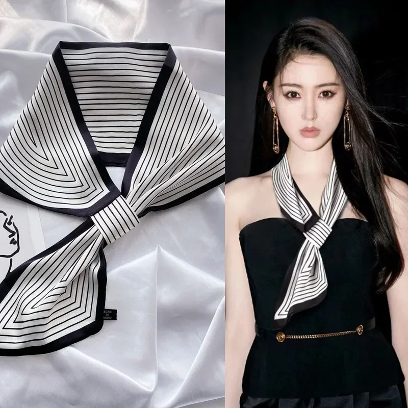 高級バンド春夏耳シルクスカーフ女性ストライププリントネッカチ - Luxury Bags Korea のレビューと価格