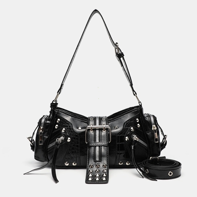 ゴシックリベットハンドバッグウエストバッグ高級ブラッククロス - Luxury Y2K Bags のレビューと価格