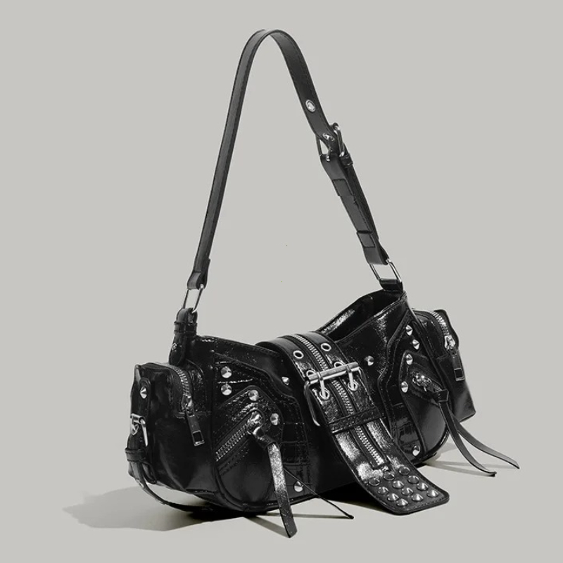 ゴシックリベットハンドバッグウエストバッグ高級ブラッククロス - Luxury Y2K Bags のレビューと価格